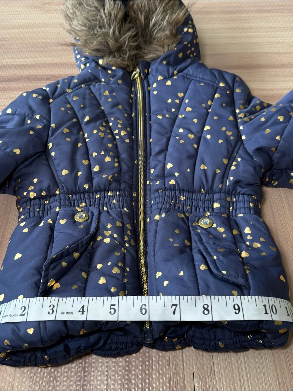 Rothschild 1881 Girls 2T Navy Gold Heart Puffer Coat Faux Fur Hood Winter Jack
